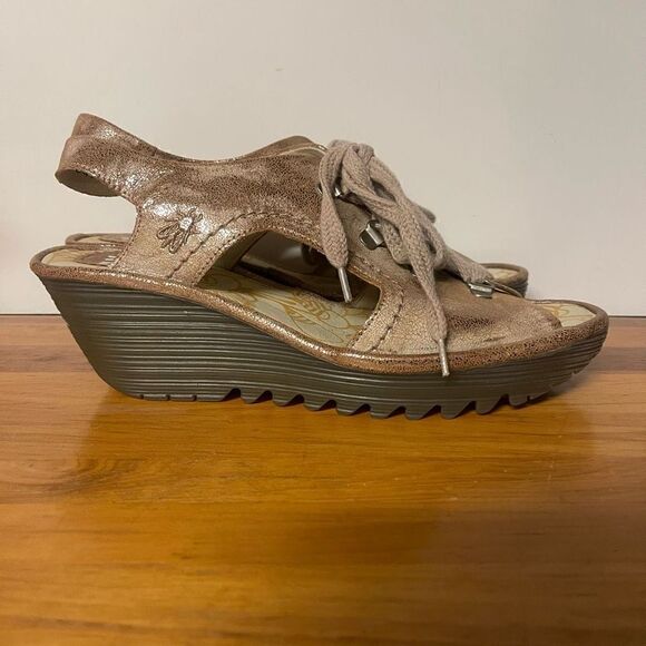 FLY London YLFA742 Cool Luna Open-toe Wedge Sandals Laces Rose Gold - Picture 4 of 8